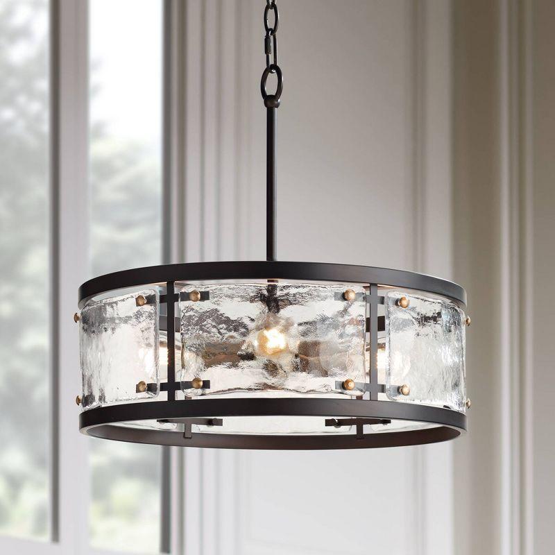 Possini Euro Design Campanelli Bronze Brass Pendant Chandelier 19" Wide Rustic Drum Waterglass Shade 4-Light Fixture for Dining Room Kitchen Island