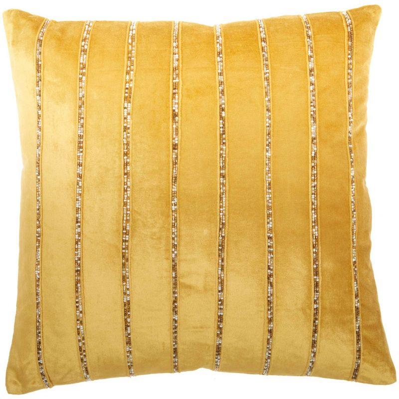 20" Gold Velvet Beaded Striped Square Throw Pillow