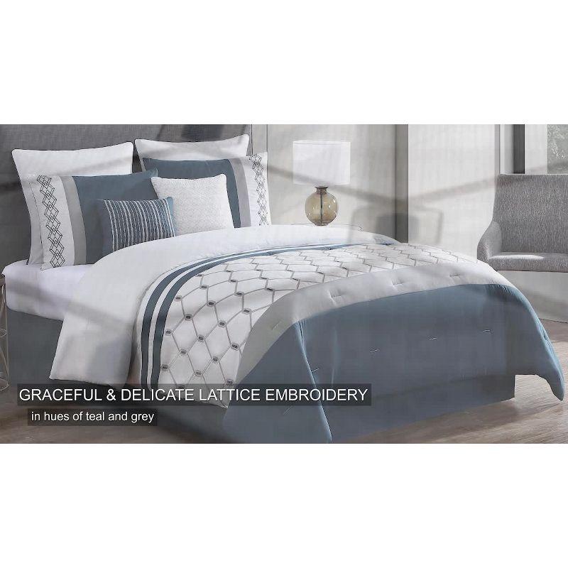 8pc Queen Ellison Embroidered Colorblock Comforter Bedding Set - Dark Teal: Microfiber, OEKO-TEX Certified, Includes Euro Shams & Bed Skirt