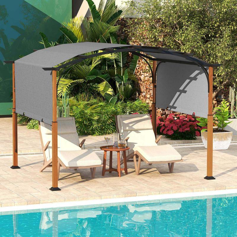 Costway 10 x 12 FT Outdoor Retractable Pergola with Retractable Canopy Wood Looking Posts Gray