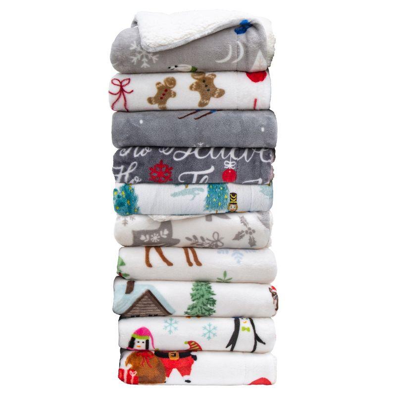 Holiday-Printed Plush Throw Blanket - Great Bay Home (50" x 60", Watercolor Santa and Friends)