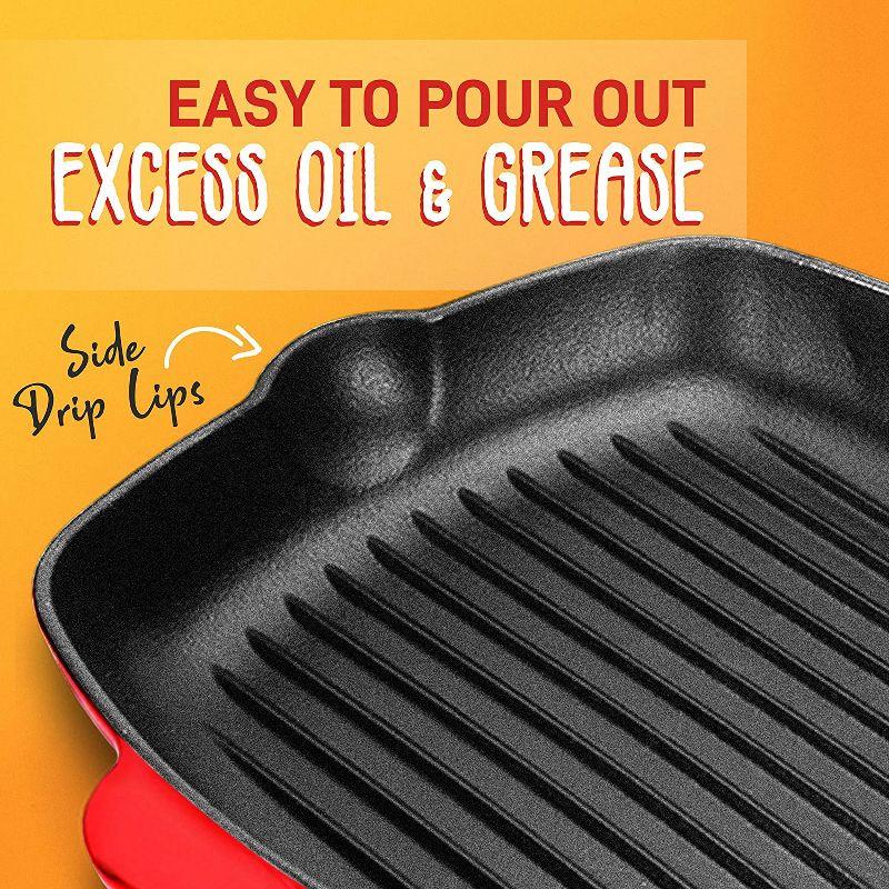 NutriChef 11 Inch Square Nonstick Cast Iron Skillet Griddle Grill Pan with Porcelain Enamel Coating, Side Pour Spouts, and Ridged Interior, Red