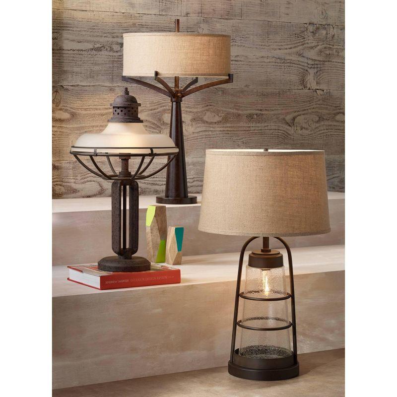 Franklin Iron Works Rustic Industrial Table Lamp Open Cage 26.5" High Rust Bronze Half Dome Glass Shade for Living Room Bedroom Nightstand