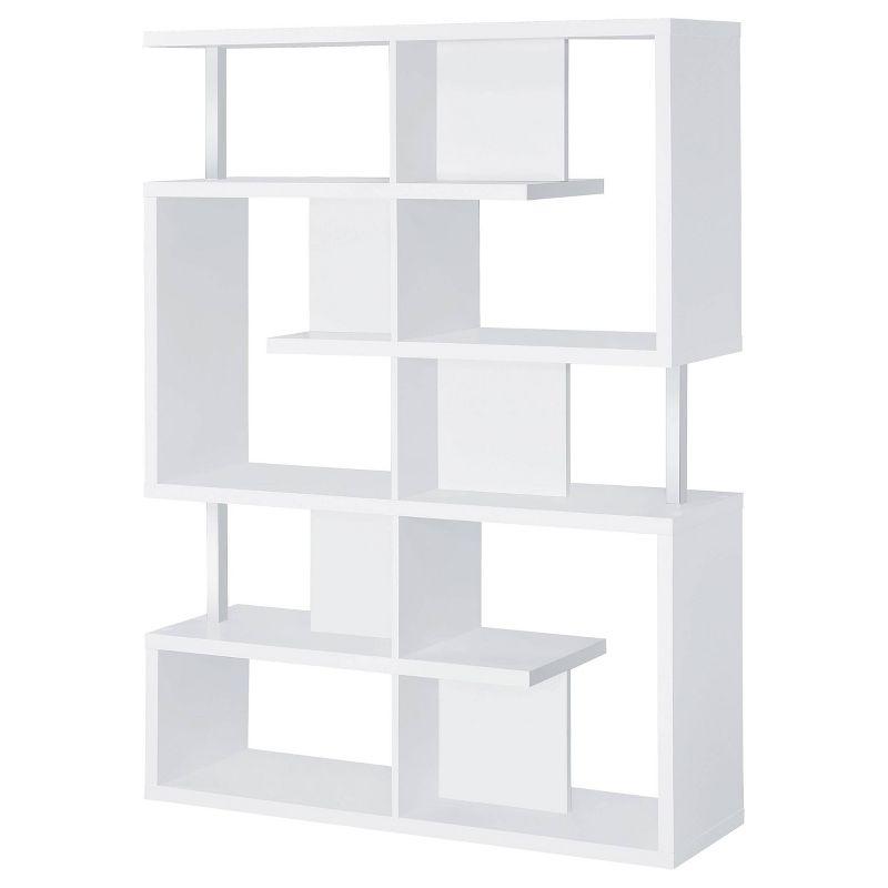 Modern White Zig Zag 5-Tier Bookcase with Chrome Accents