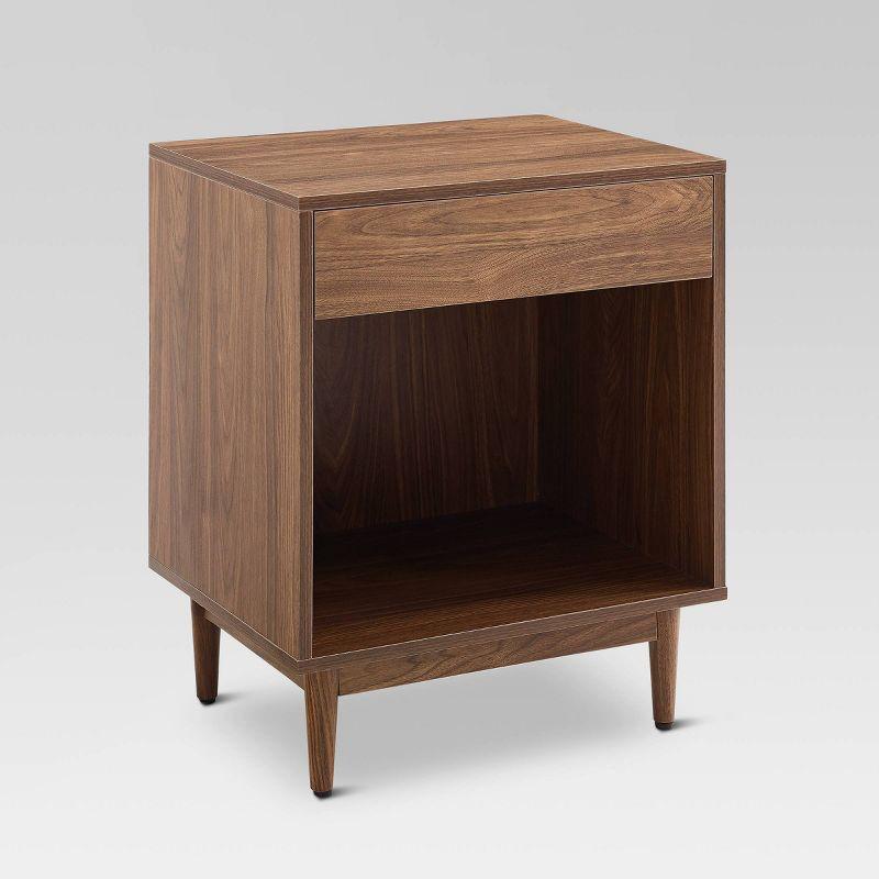 Liam Mid-Century Walnut Wood Side Table with Record Storage