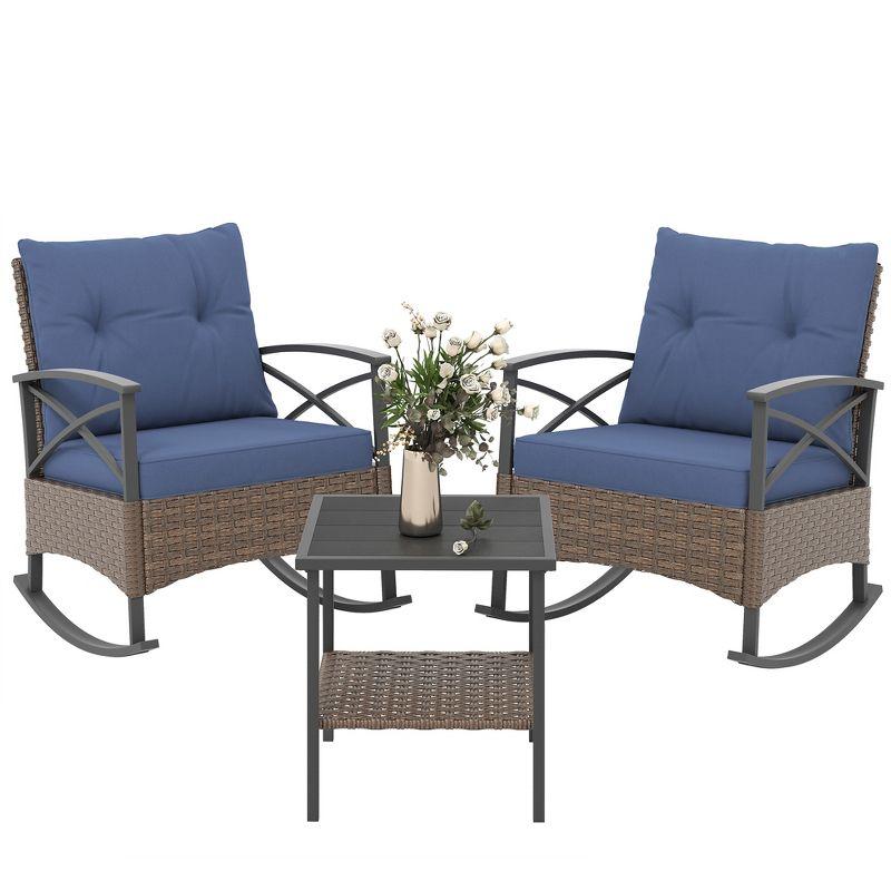 Outsunny 3 Piece Rocking Chair Bistro Set, Outdoor Wicker Porch Conversation Set with 2 Rockers, Table, Tufted Cushions for Garden, Dark Blue