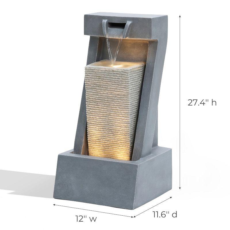 Gray Resin 2-Column Sculpture Outdoor Fountain with LED Lights