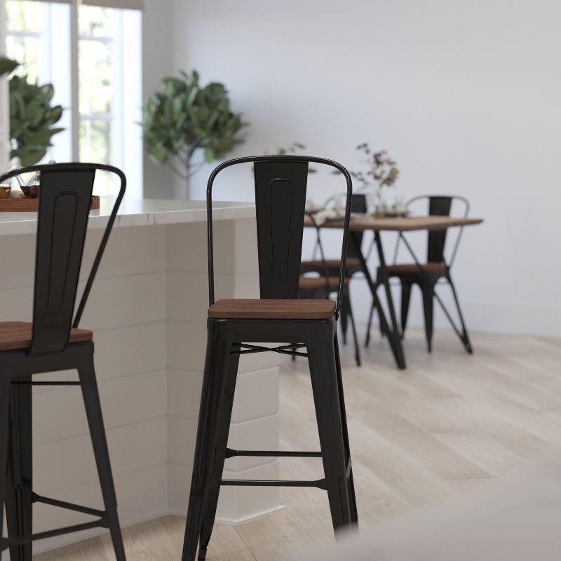 Merrick Lane Metal Dining Stool with Curved Slatted Back and Textured Wood Seat