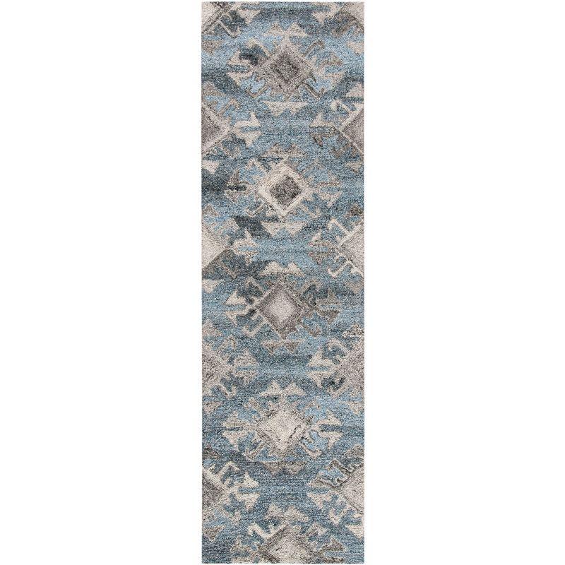 Abstract Blue and Gray Hand Tufted Wool Runner Rug