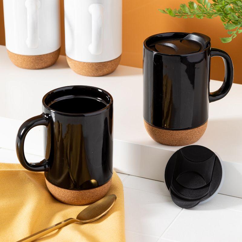 Gibson Home Modani 2 Pack Large 16.5 OZ Ceramic Mugs Set With Removable Cork Bottom And Lid - Black