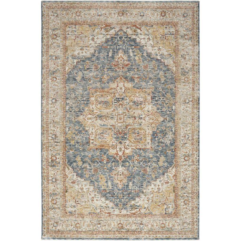 Ivory-Blue Hand-Knotted Wool Blend 5'3" x 7'8" Vintage Area Rug