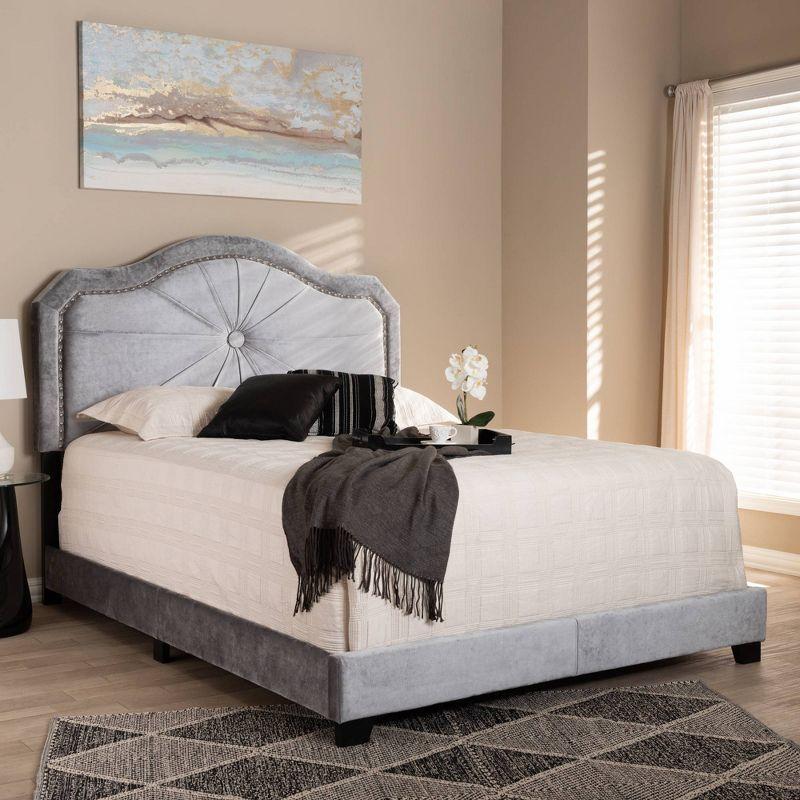 Luxurious King-Sized Velvet Upholstered Bed with Nailhead Trim