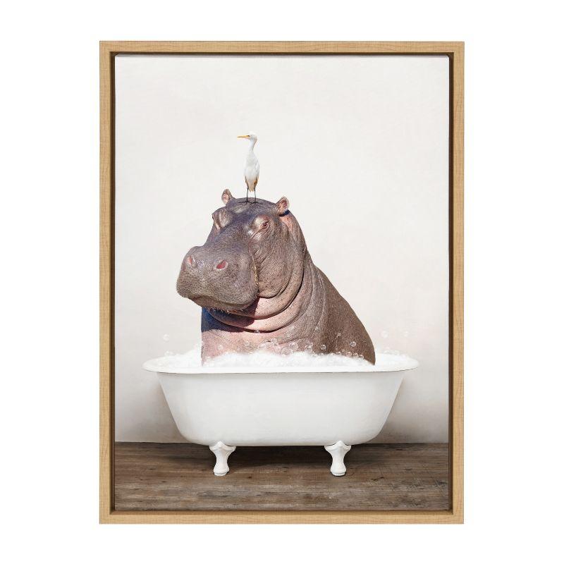 Kate and Laurel Sylvie Hippo and Bird in Rustic Bath Framed Canvas by Amy Peterson Art Studio, 18x24, Natural