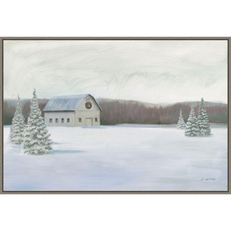 Holiday Winter Barn Oil Painting on Canvas with Greywash Frame