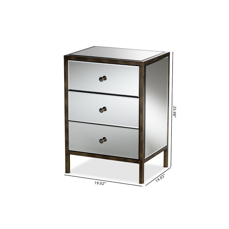 Nouria Mirrored 3 Drawer Nightstand: MDF Wood, Antique Brass Trim - BaxtonStudio