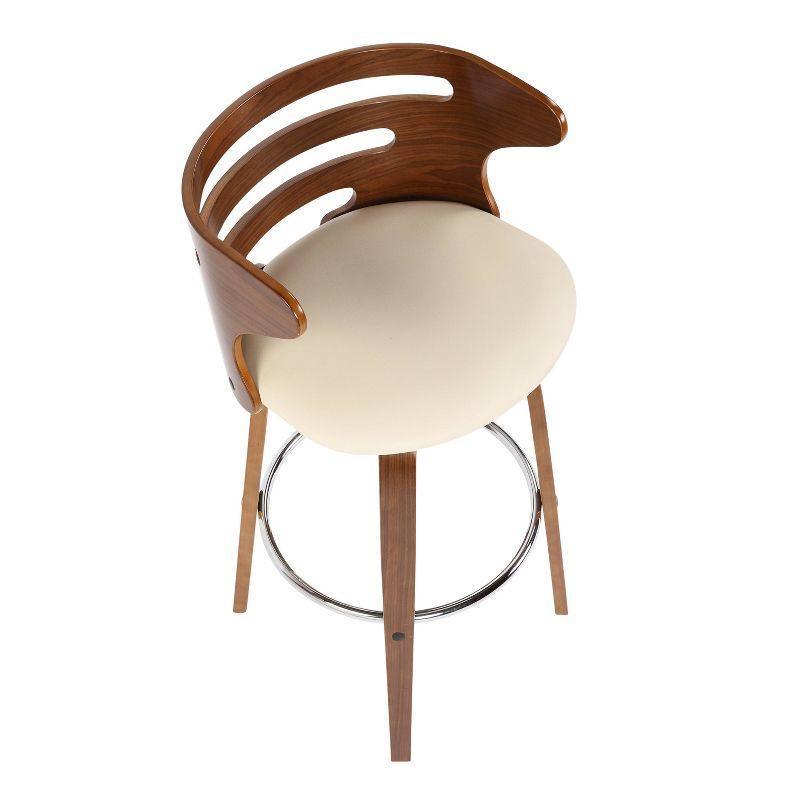 Mid-Century Modern Cream Leather Swivel Bar Stool with Walnut Wood