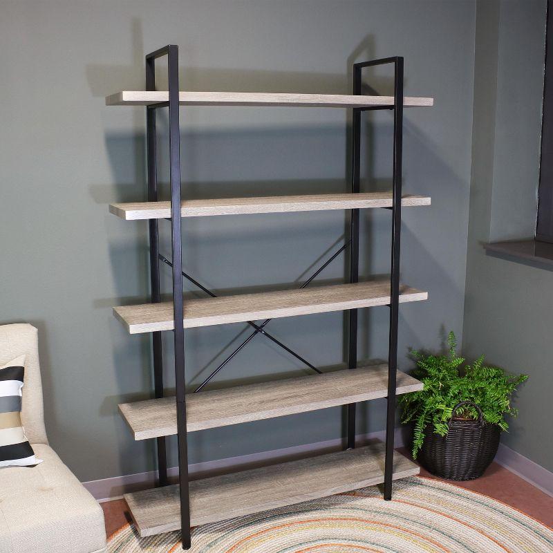 Adjustable Oak Gray 5-Tier Industrial Bookshelf with Cubes