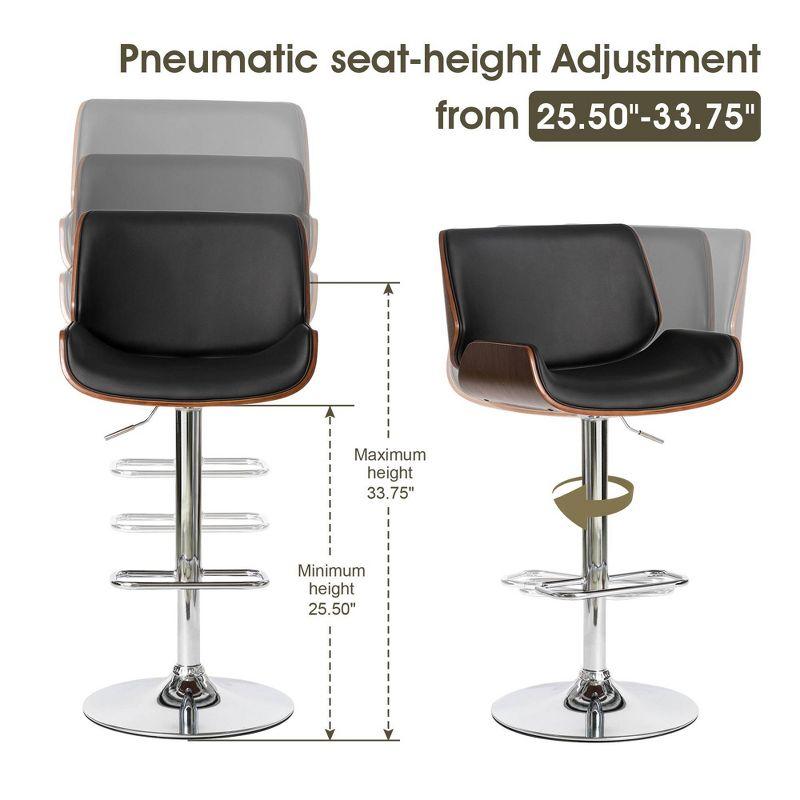 Set of 2 Leatherette Adjustable Height Swivel Bar Stools Chrome Plated Base Black - Glitzhome: Mid-Century, Curved Back, Pneumatic