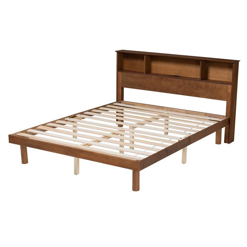 Walnut Brown Wood Queen Platform Bed with Tufted Upholstered Headboard