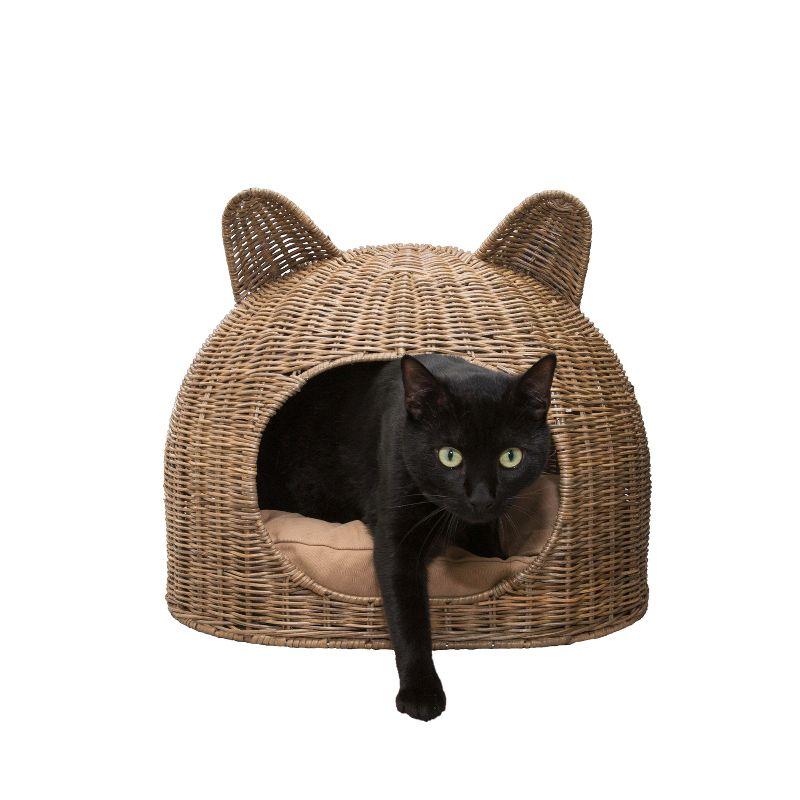 Cat Ear Handwoven Rattan Cat Bed with Cushion