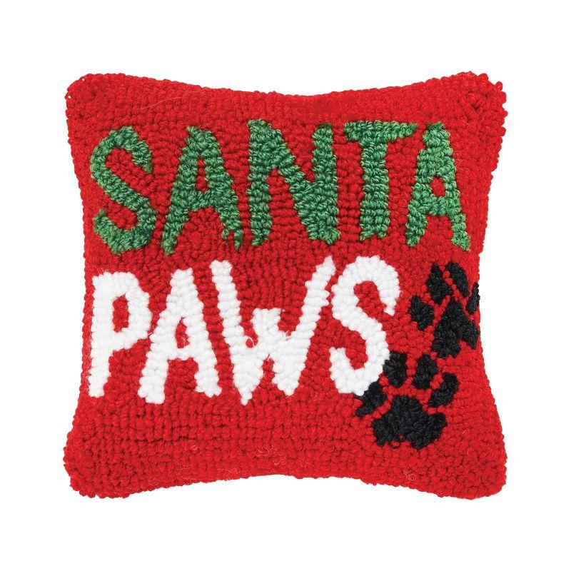 Santa Paws Christmas with Paw Prints on Red Background Petite Accent Hooked Throw Pillow
