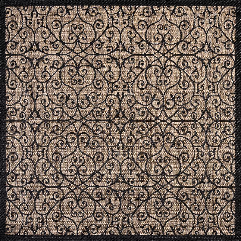 6' Square Madrid Vintage Filigree Textured Weave Indoor/Outdoor Area Rug, Black/Khaki - JONATHAN Y