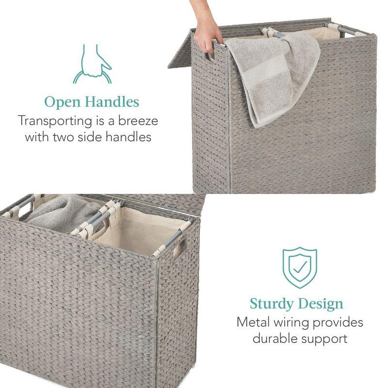 Best Choice Products Large Natural Water Hyacinth Double Laundry Hamper Basket w/ 2 Liner Bags, Handles - Gray
