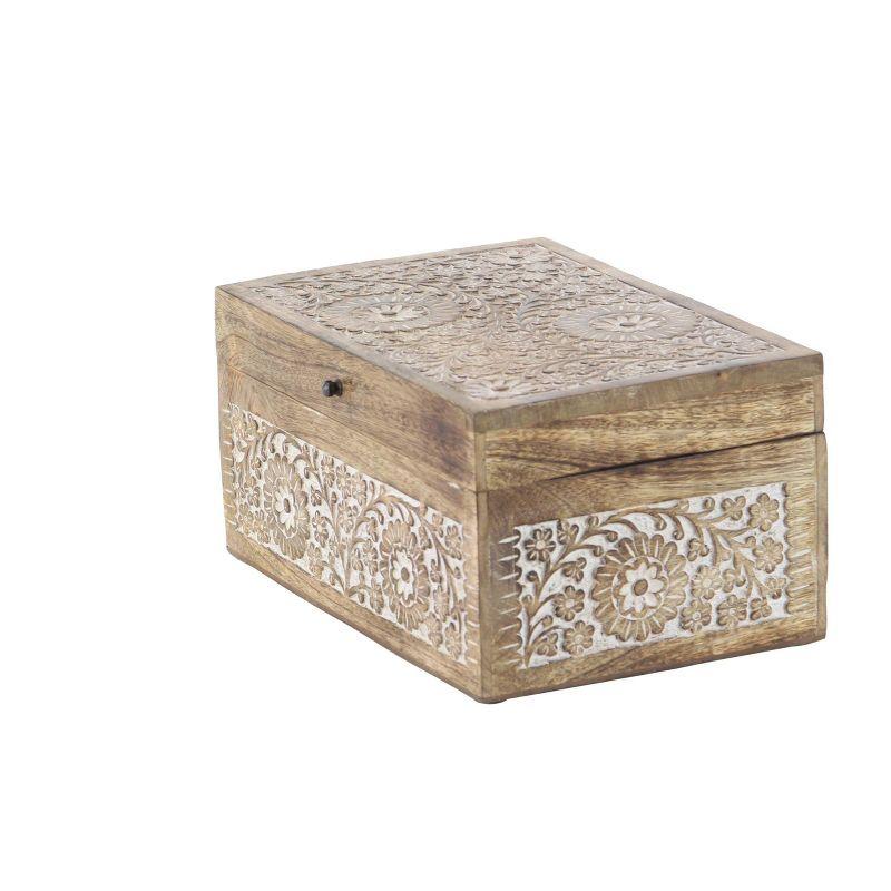 Set of 3 Mango Wood Carved Floral Boxes - Olivia & May: Coastal Style with Lids, Indoor Use, Non-Slip Base