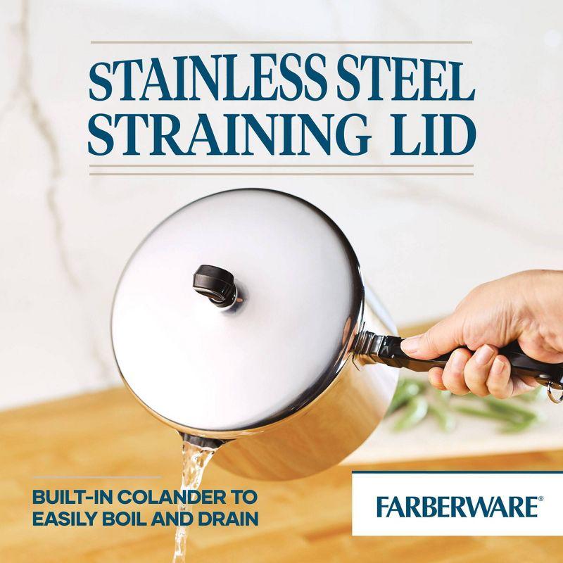 Farberware Classic Series 3qt Stainless Steel Straining Sauce Pan with Lid Silver: Dishwasher-Safe, Induction Compatible