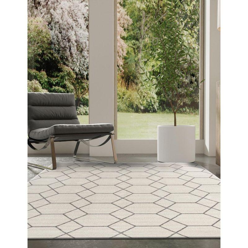 Ivory and Gray Trellis Synthetic Rectangular Area Rug