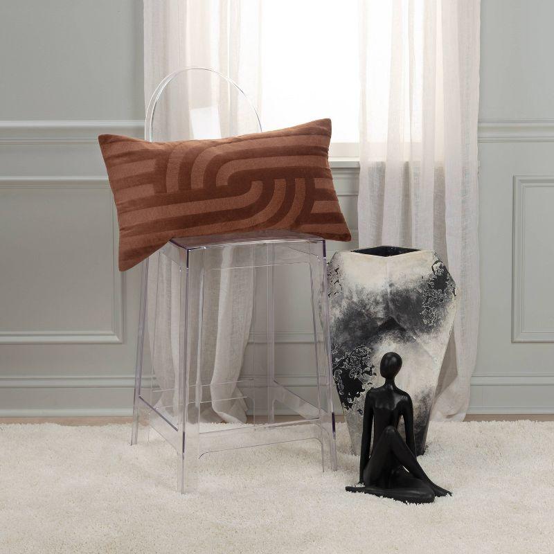 14"x26" Oversized Solid Striped Poly Filled Lumbar Throw Pillow Brown - Rizzy Home: Cotton Velvet, Removable Cover, Indoor Use