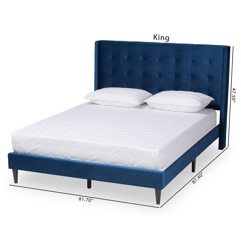 Elegant Navy Blue Velvet King Platform Bed with Tufted Wingback Headboard