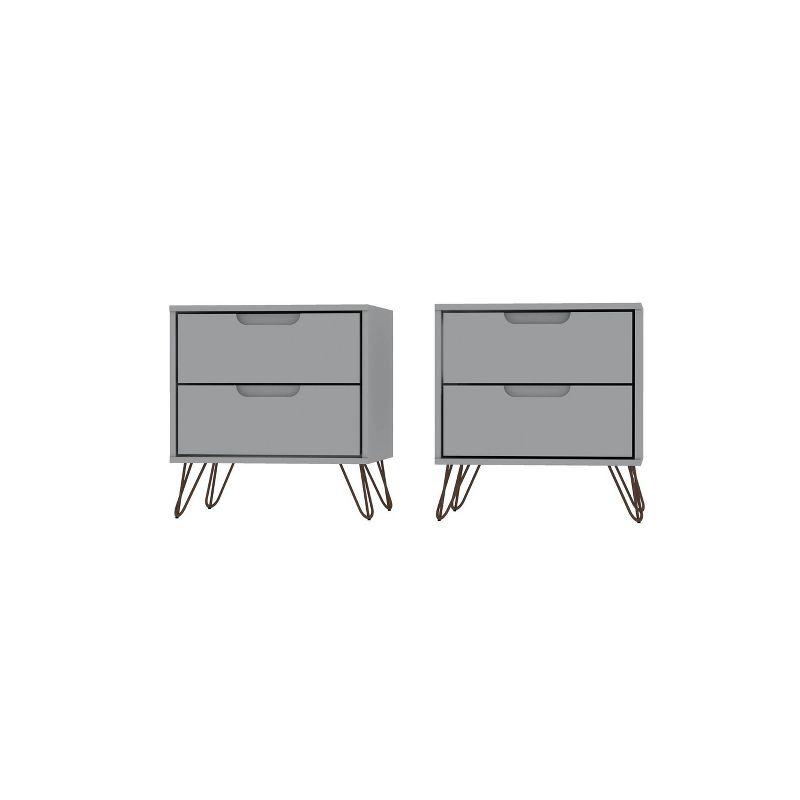 Set of 2 Rockefeller 2 Drawer Nightstands White - Manhattan Comfort: Modern Splayed Metal Legs, MDF