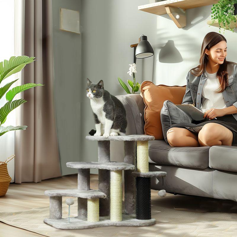 PawHut 20" Cat Tree, 2 in 1 Cat Tower 3-Step Pet Stairs with Scratching Posts, Tickling Post, Toy Balls, for High Beds, Couch, Sofa, Light Gray