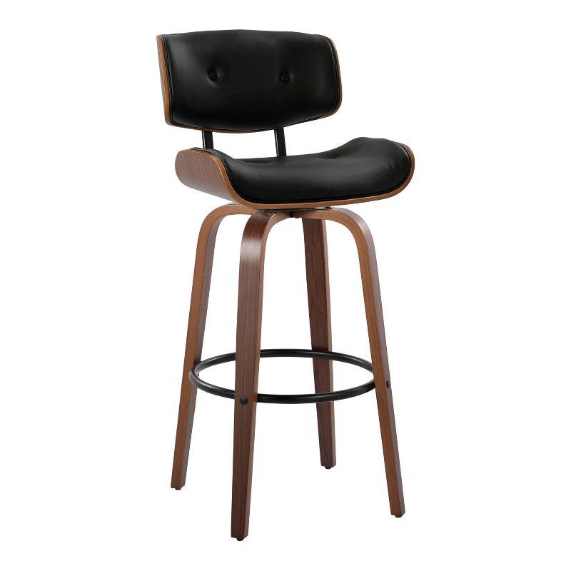 Lombardi 30" Black Faux Leather and Walnut Wood Swivel Barstool