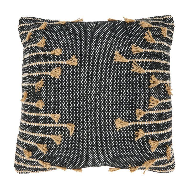 Black and Beige Cotton Zig Zag Tassel Throw Pillow