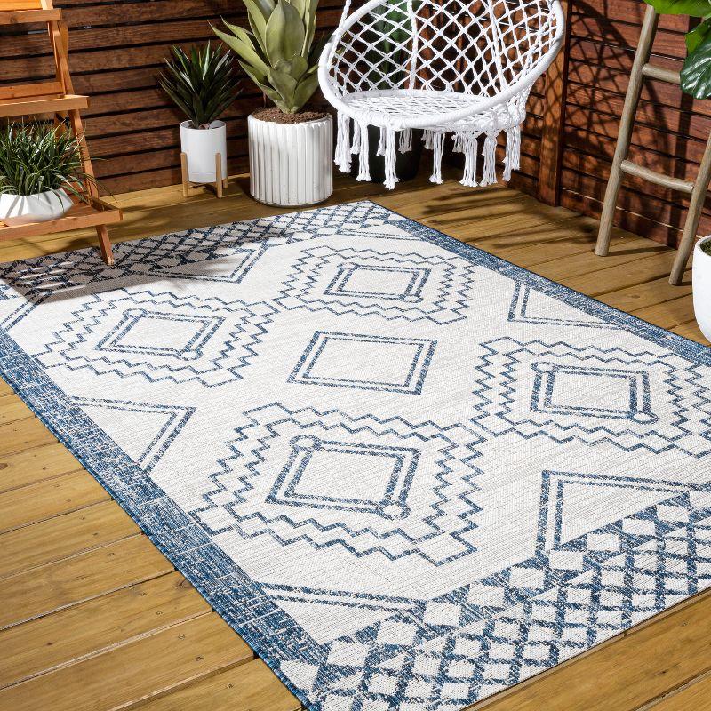 3'x5' Marokko Diamond  Medallion Indoor/Outdoor Area Rug, Ivory/Blue - JONATHAN Y