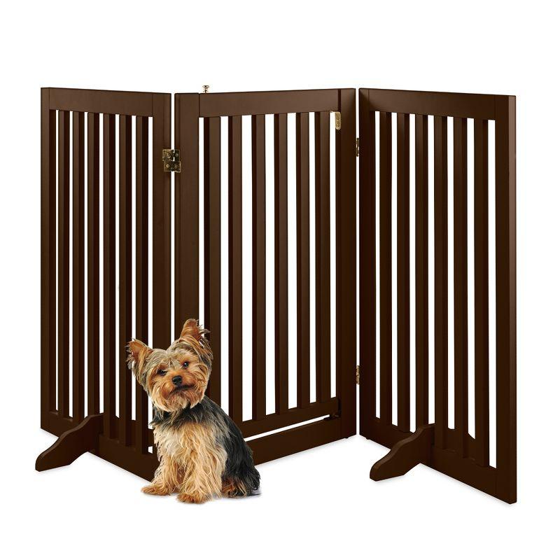 Best Choice Products 31.5in 3-Panel Freestanding Wooden Pet Gate w/ Walk Through Door, Adjustable Pen - Espresso