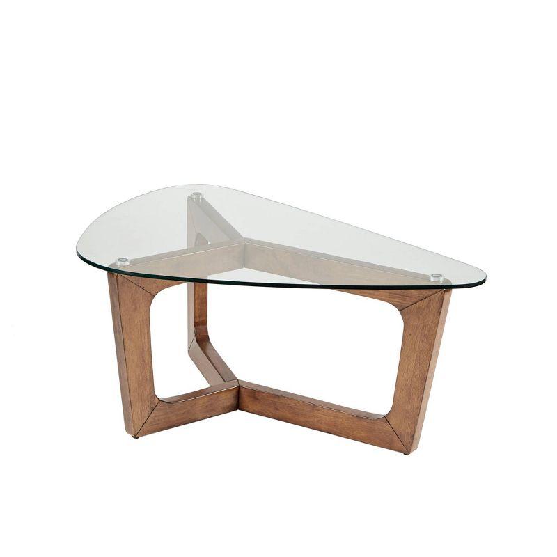 Triangular Pecan Wood Coffee Table with Glass Top