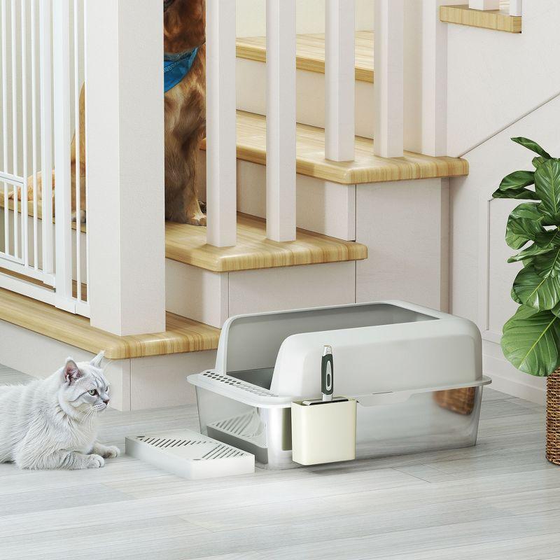 PawHut Stainless Steel Litter Box, Metal Litter Box High Sided, Anti-Urine Leakage, Non-Sticky, with Metal Scoop & Scoop Holder, 24" x 16" x 11"