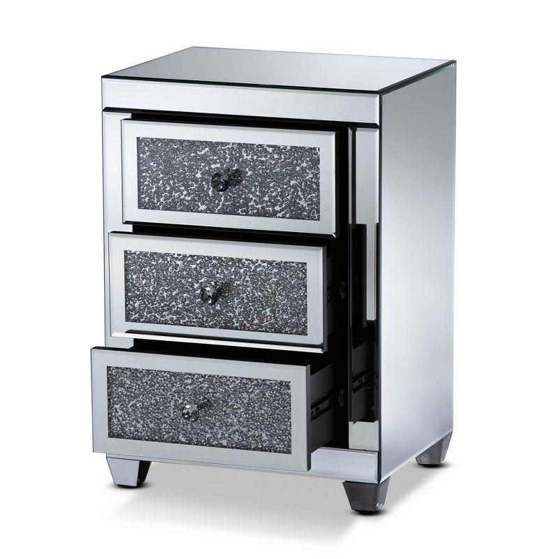 Elegant Ralston Mirrored 3-Drawer Nightstand with Crystal Accents