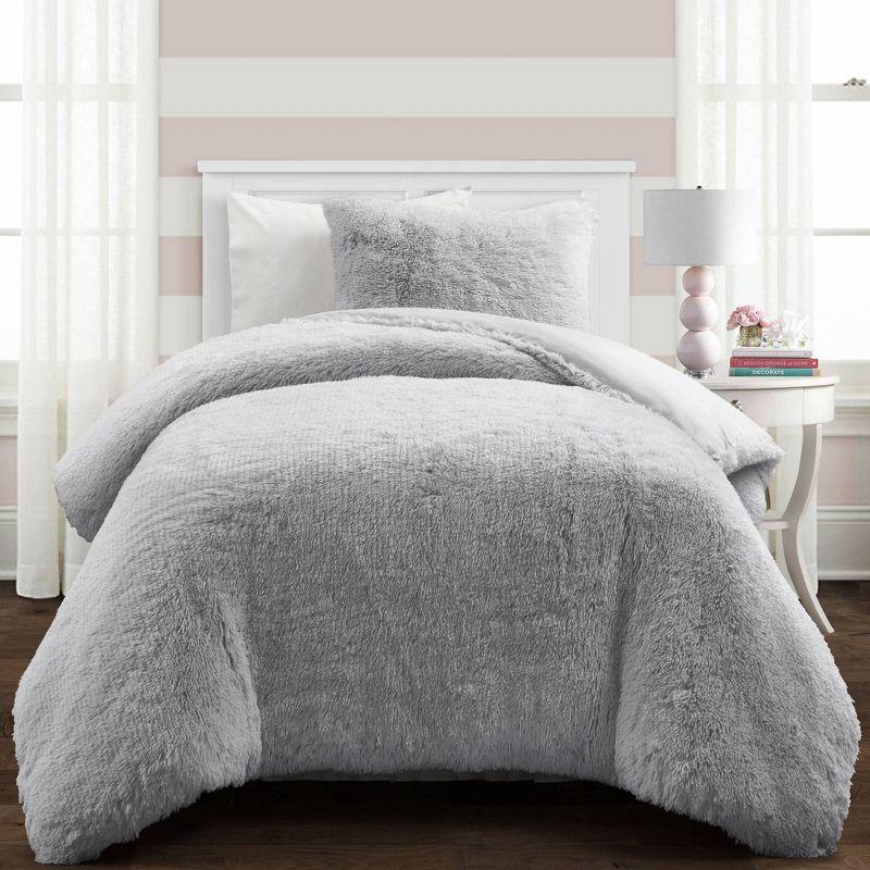 Light Gray Faux Fur Full Comforter Set with Shams