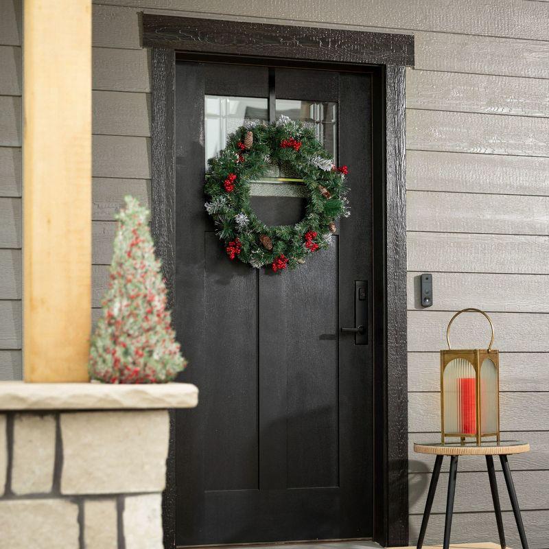 Sullivans 24 Inch Pre-lit Berry Pine Christmas Wreath Decorated with Pinecones, Light Flocking, and Warm White Twinkle Lights