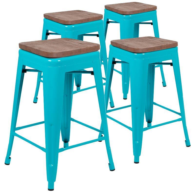 Emma and Oliver 24" High Metal Counter-Height, Indoor Bar Stool with Wood Seat in Teal - Stackable Set of 4