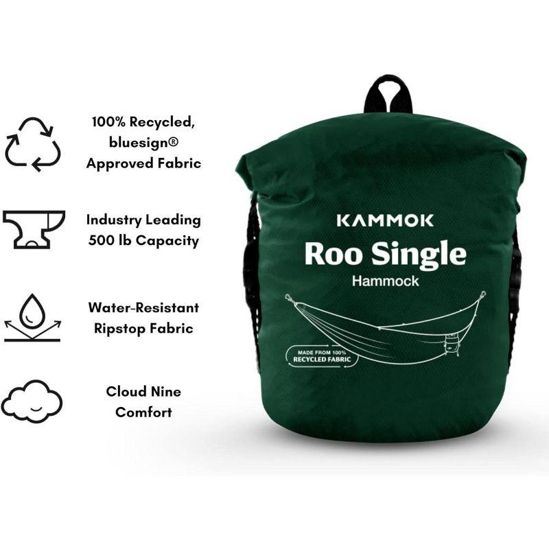 Kammok Roo Single Hammock with Stuff Sack | Waterproof Ripstop Nylon, Gear Loops | Lightweight for Camping and Backpacking, Pine Green