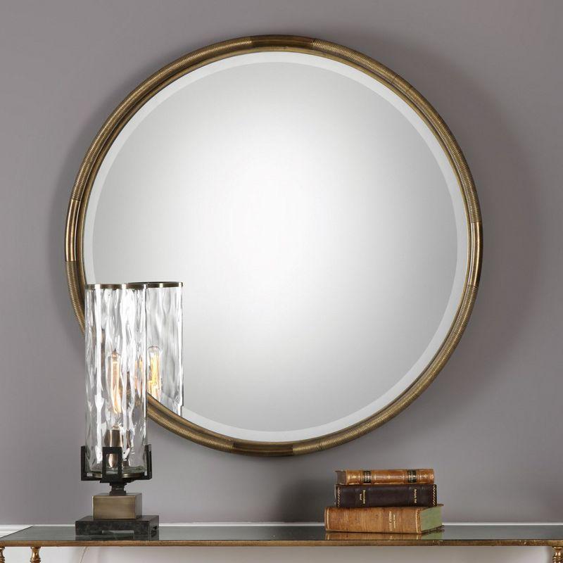 Antiqued Gold Leaf Round Iron Mirror with Beveled Glass