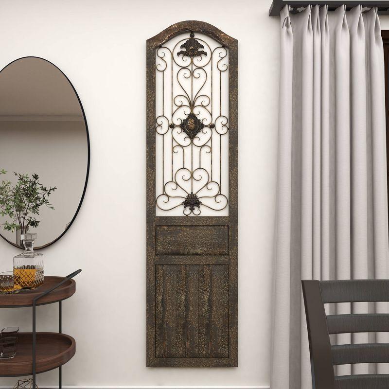 17" x 19" Wood Scroll Distressed Door Inspired Ornamental Wall Decor with Metal Wire Details Brown - Olivia & May