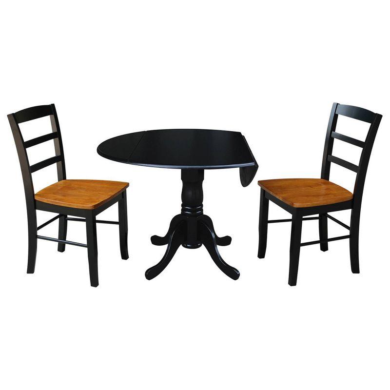 3pc Dining Set with a Dual Drop Leaf Dining Table with 2 Ladder Back Dining Chairs Black/Cherry - International Concepts: Round Table, Rubberwood