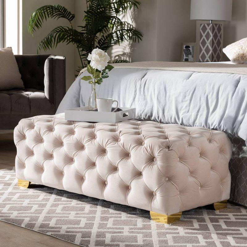 Luxurious Beige Velvet 48" Square Tufted Gold-Legged Ottoman