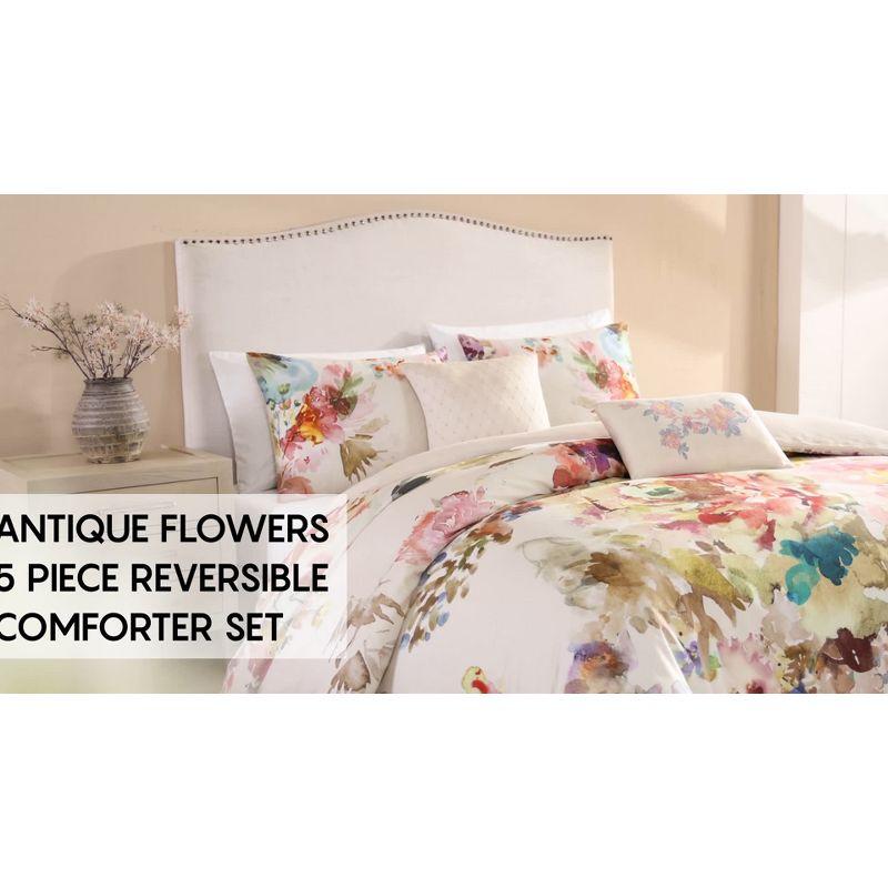 Bebejan Antique Flowers Ivory 100% Cotton 5-Piece Reversible Comforter Set